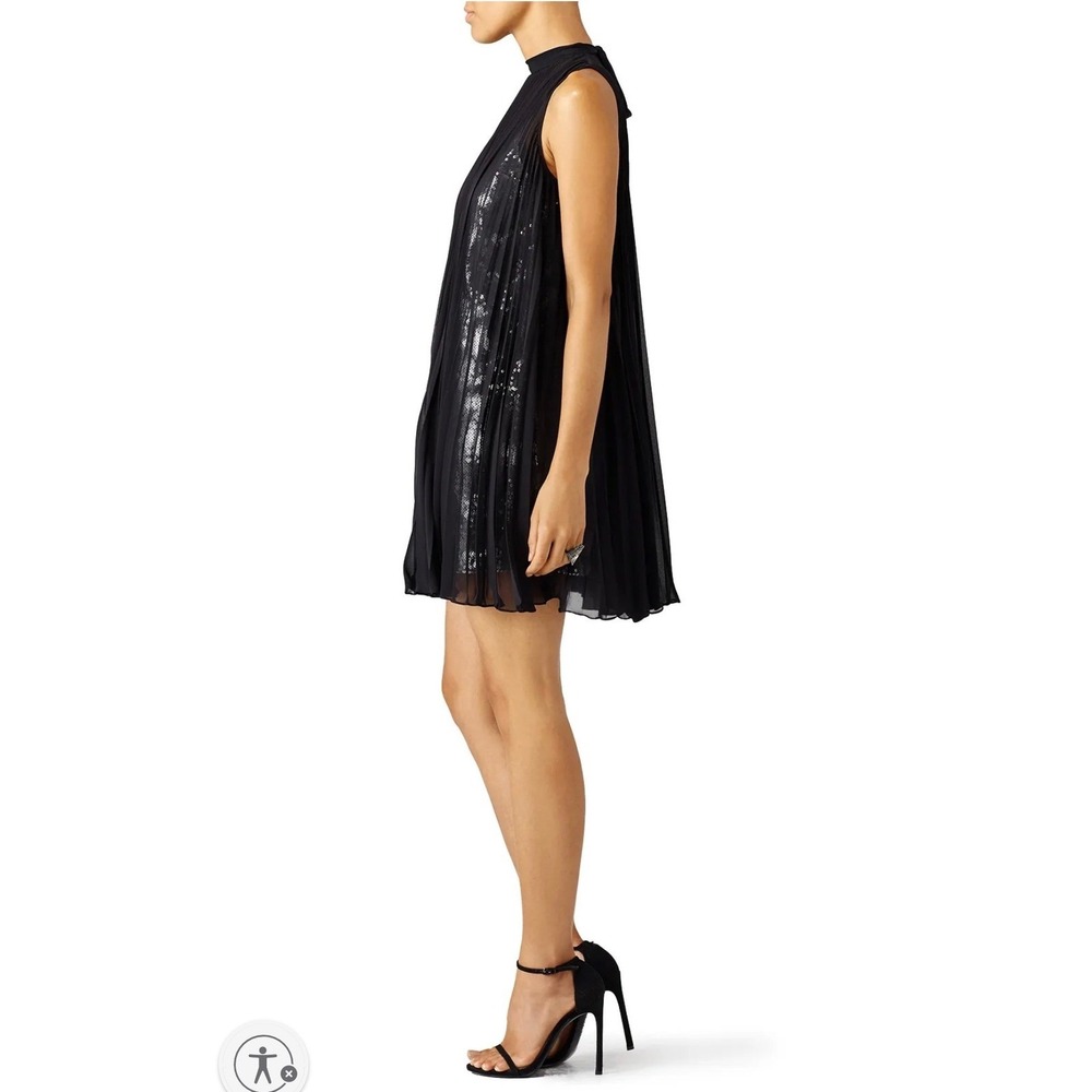 Tracy Reese Black Pleated Sequin Trapeze Dress Size L Mock Neck Shift Luxury